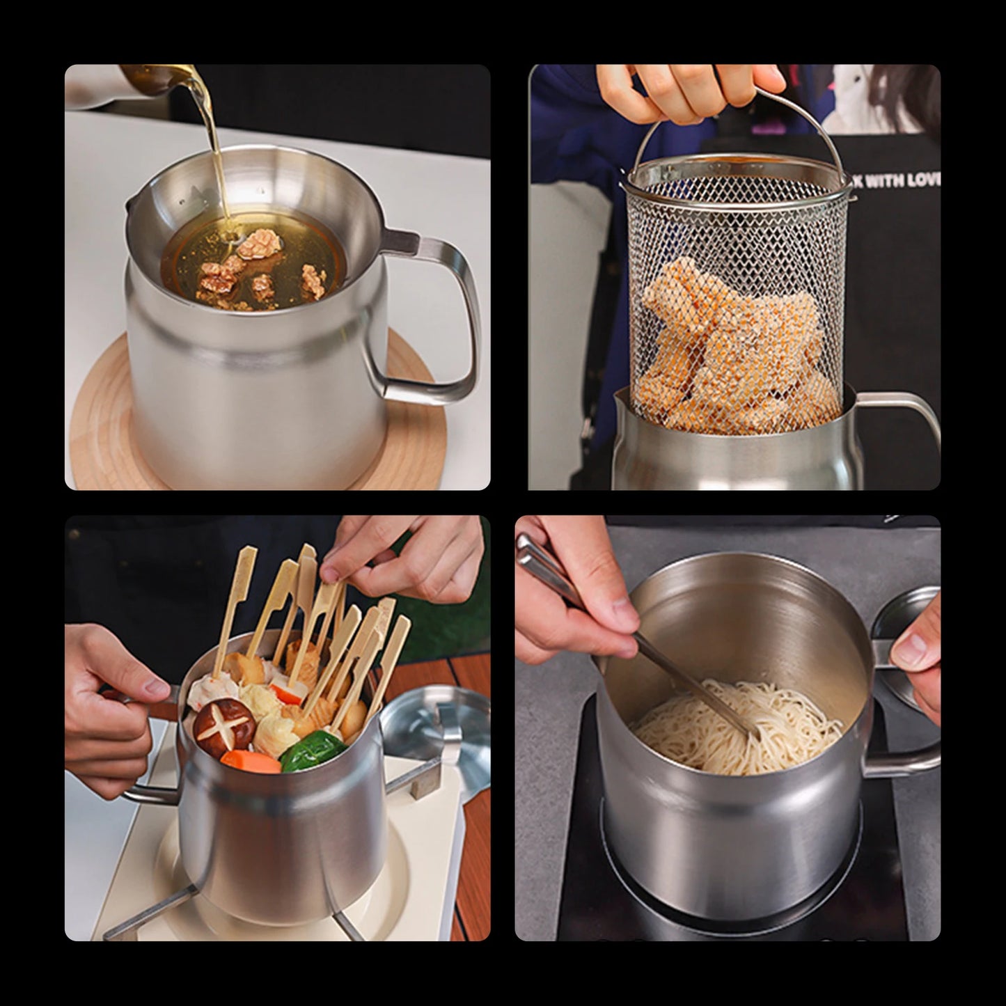 OLLA DE ACERO INOXIDABLE CON FILTRO DE MALLA FINA, CESTA PARA FREÍR Y RECIPIENTE